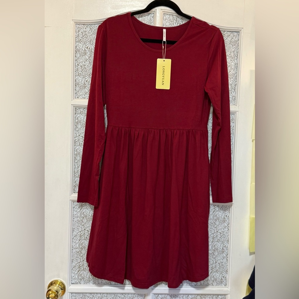 Women’s Long Sleeve Fit & Flare Stretch Dress Side Pockets Wine Size L